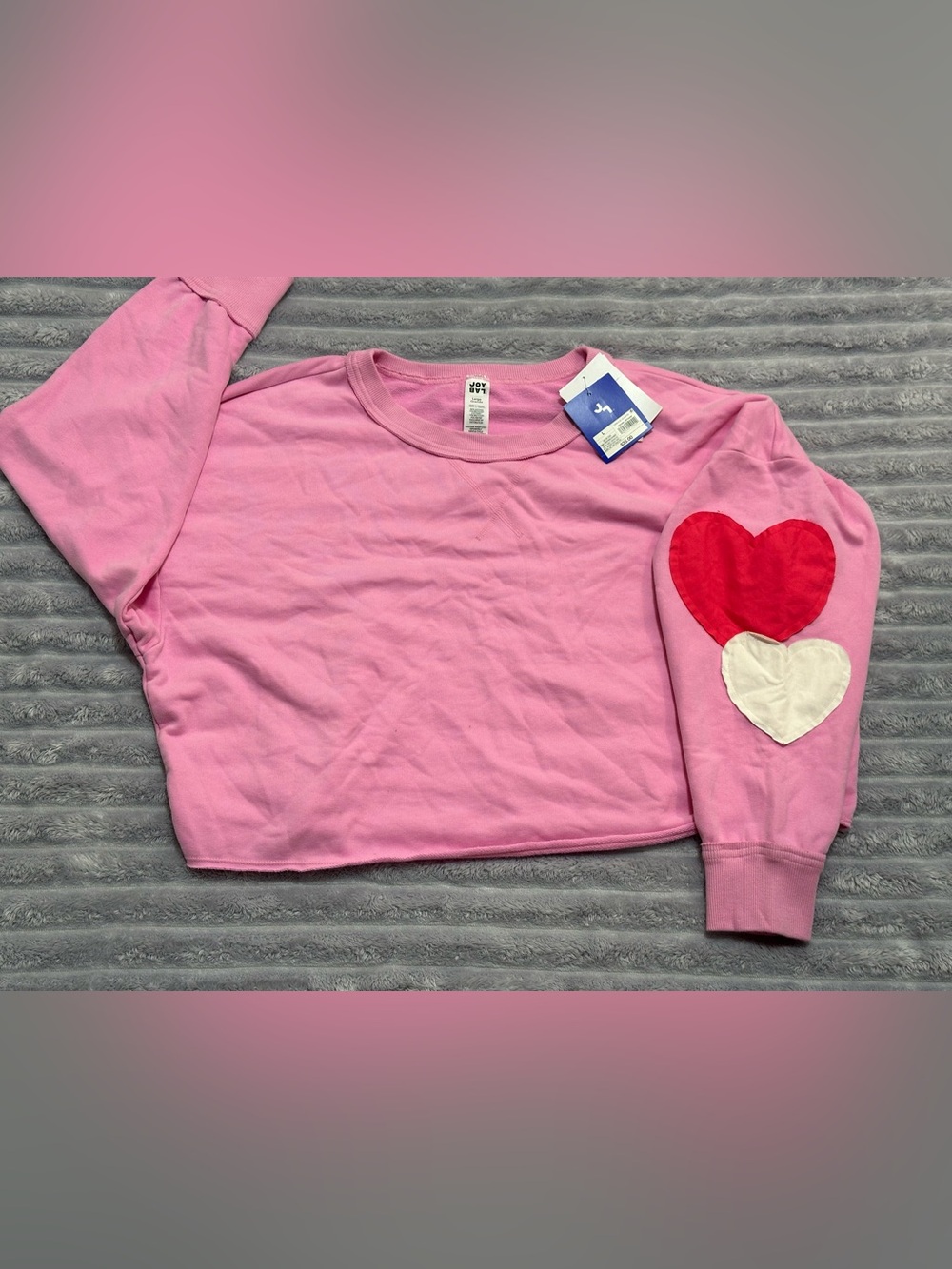 JoyLab Pink Crewneck Sweatshirt with Red and White Heart Patches